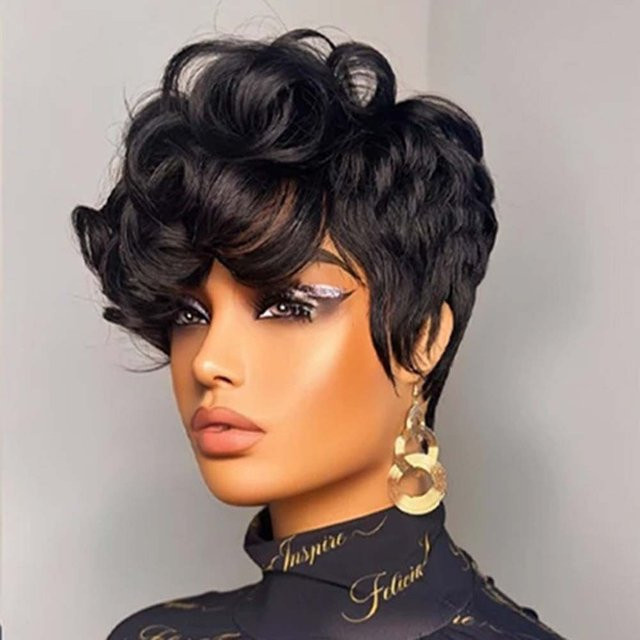 OYM HAIR Pixie-Perücke, kurze lockige Remy-Echthaar-Perücke, Damen - Bild 1