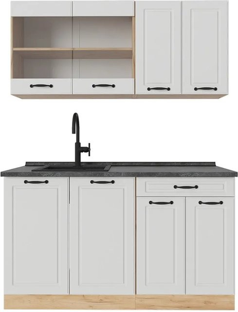 Vicco R-Line Singleküche Landhaus Weiß Struktur mit Anthrazit Arbeitsplatte B/H/T: 140 x 81,6 x 60 cm - Bild 1