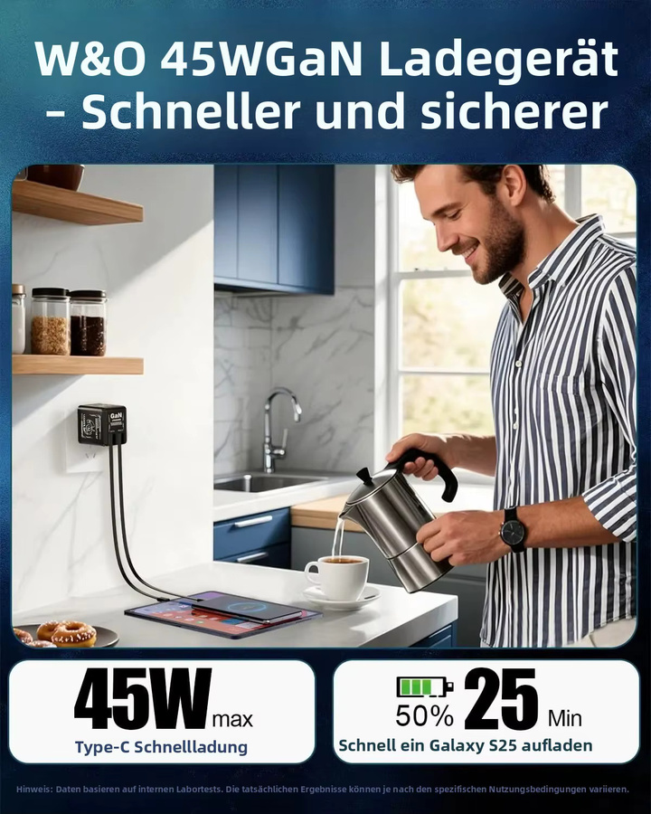 W&O GaN Schnellladegerät in Grün mit 80 cm einziehbarem Kabel, Dual-Port für Lightning und USB-C Geräte - Bild 2