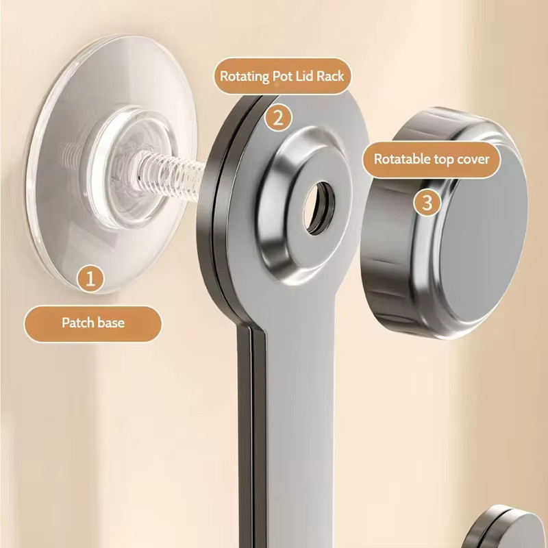 Untior Saugnapf-Topfdeckelhalter und Küchen-Aufbewahrungsständer für Schneidebretter, drehbar und wandmontiert, Grau/Silber - Bild 2