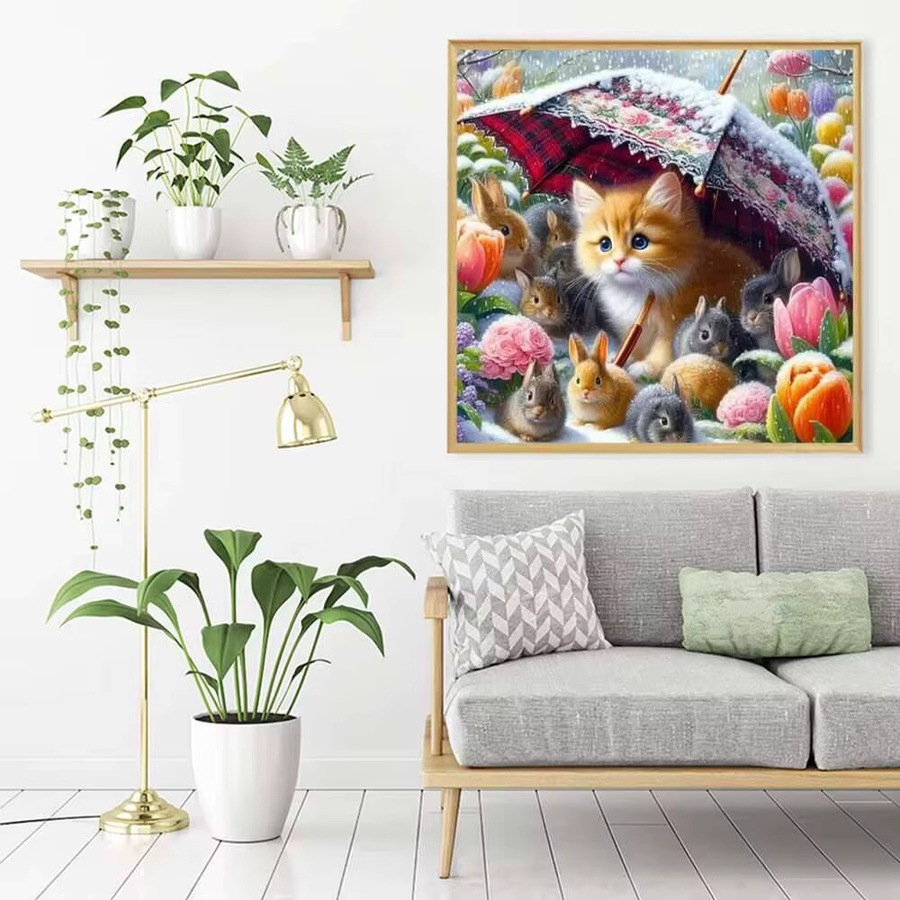 Evershine 5D Diamantmalerei Katze und Kaninchen Mosaik Set mit Winter-Motiv, Rund, Mehrfarbig, Durchmesser: 20 cm - Bild 3