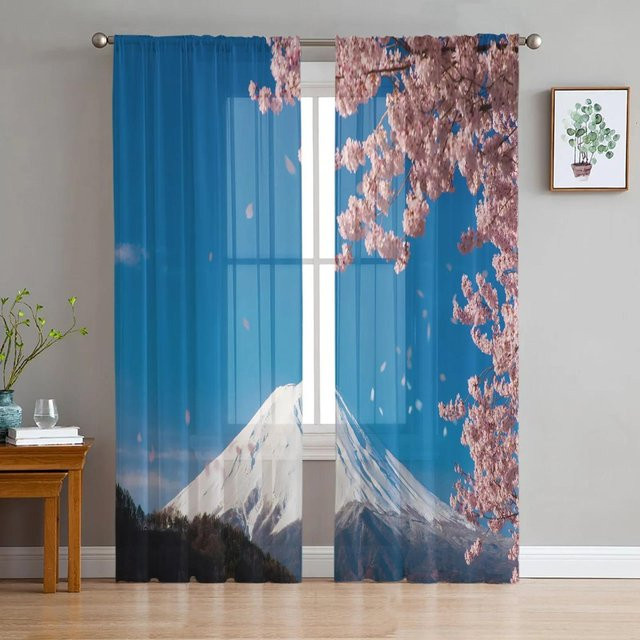 Yiran Furniture Transparentes Voile-Organza-Fenstervorhang mit Kirschblüten-Design in Rosa und Blau, B: 135 cm, H: 115 cm - Bild 1