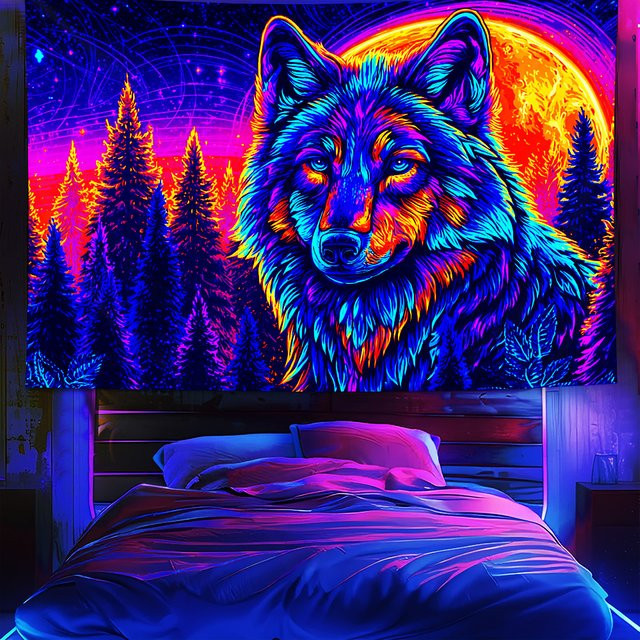 VIKAMA Neon-Wolf-Totem Wandteppich mit psychedelischer Tierkunst in Multicolour, B/H: 60 x 40 cm - Bild 1
