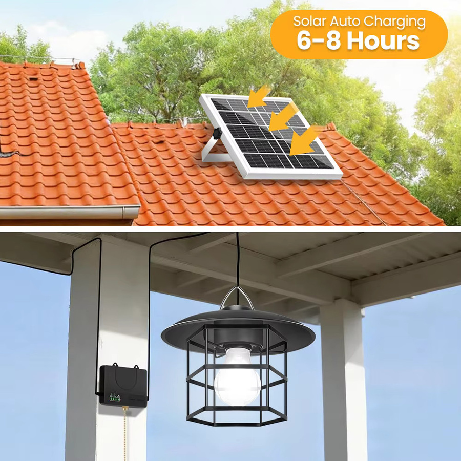 Solarbetriebene LED-Pendelleuchte im Industrial-Design für Garten, Balkon und Terrasse, IP65 wasserdicht, Schwarz, mit Kettenschalter und Batteriestandsanzeige - Bild 3