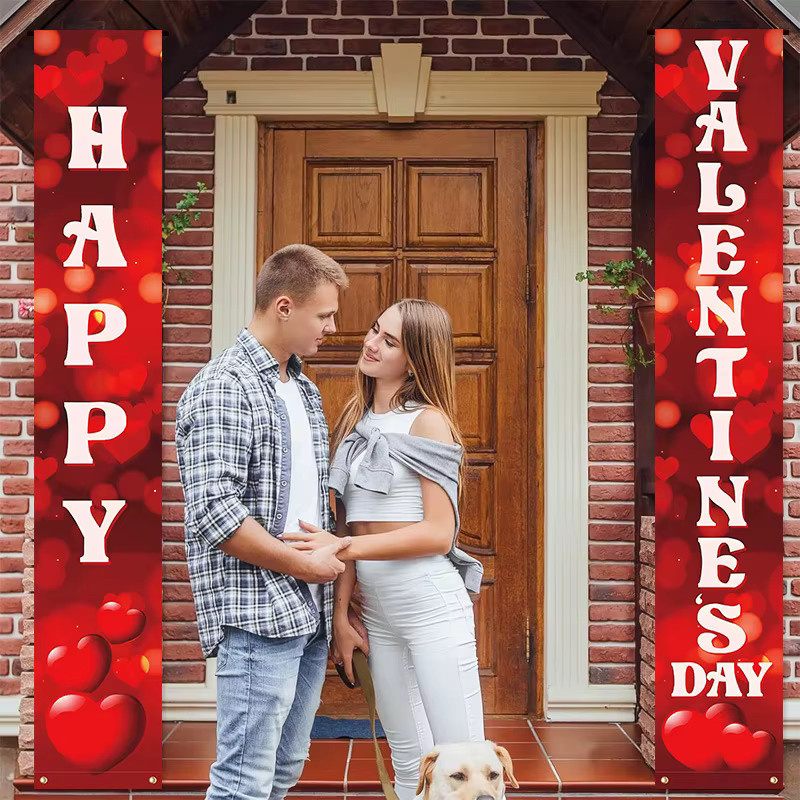 VIKAMA Valentinstag-Türbanner mit Herz-Motiv in Rot, hängende Dekoration für Hochzeiten und Jubiläen, Textil, Breite: 180 cm, Höhe: 30 cm - Bild 1