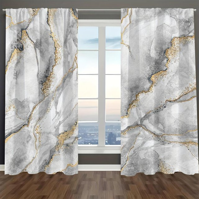 2-teiliges Set luxuriöse Vorhänge mit Marmortextur in Grau, halbtransparent, mit Stangentasche, B: 100 cm, H: 130 cm - Bild 1