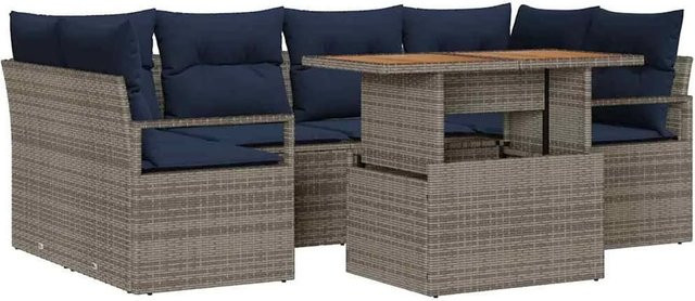 vidaXL Garten-Sofa-Set 7-tlg. aus Poly-Rattan mit Kissen in Grau und Marineblau - Bild 1