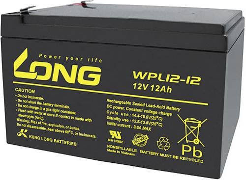 Long WPL12-12 Bleiakku 12V 12Ah Blei-Vlies AGM Schwarz mit Flachstecker 6,35mm B/H/T: 15,1 x 9,3 x 9,8 cm - Bild 1