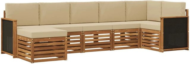 vidaXL Ecksofa Set 6-teilig aus massivem Akazienholz und wetterfestem Polyester in Natur-Beige - Bild 1