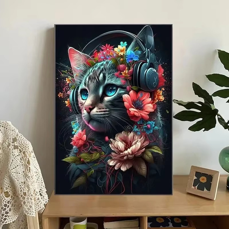 Potdemiel Leinwandbild Neon Katze und Blumen Ästhetisches Wandkunst Poster in Mehrfarbig - Bild 2