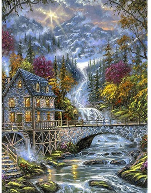 FIYO Diamond Painting Set Herbst Hütte Landschaft Motiv, Mehrfarbig, B: 70 cm, H: 50 cm - Bild 1