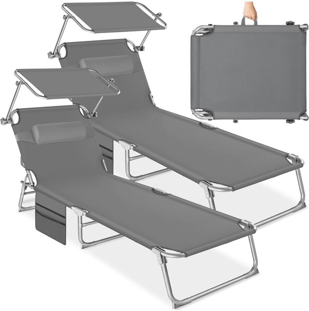 tectake 2er Set Sonnenliege klappbar grau mit Sonnendach und verstellbarem Kopfpolster B/T/H: 190 x 68 x 111 cm - Bild 1