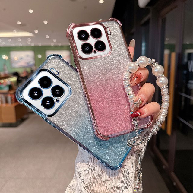 Stoßfeste TPU-Handyhülle mit Gradient Glitter Effekt und luxuriösem Perlenketten-Handschlaufenband für Xiaomi 15 15T Pro in Pink - Bild 1