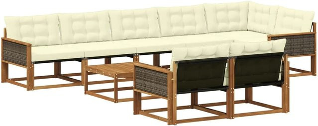 vidaXL Outdoor-Sofagarnitur L-Form aus Akazienholz mit 9 Textilene-Kissen in Natur und Creme - Bild 1