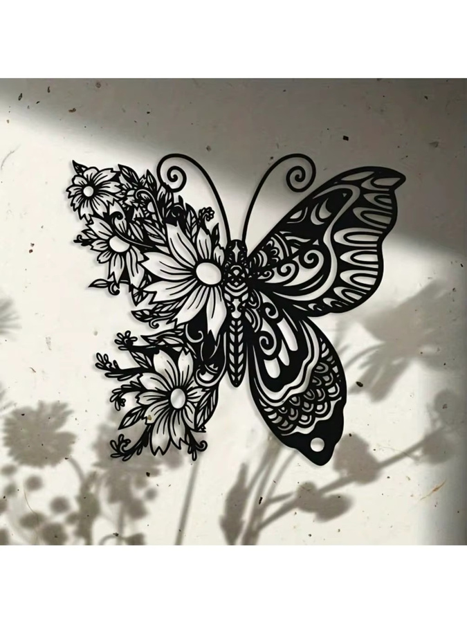 Gotische Wandkunst aus Metall von CIFBUY mit Schmetterlingen und Blumen in Schwarz-Weiß für Innen- und Außenbereiche - Bild 3