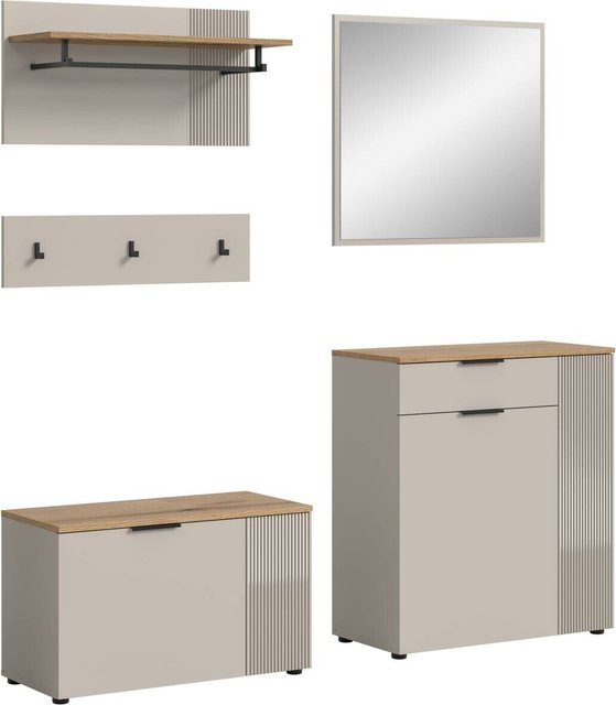 Garderobe Slide von xonox.home in Kaschmirgrau mit Evoke Oak Nachbildung, bestehend aus Sitzbank, Paneel, Kommode und Spiegel, B/H/T: 175 x 190 x 36 cm - Bild 1