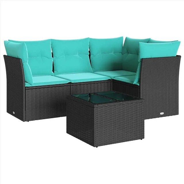 vidaXL 5-teilige Garten-Sofagarnitur in L-Form aus Poly-Rattan und pulverbeschichtetem Stahl mit Kissen in Schwarz-Blau - Bild 1