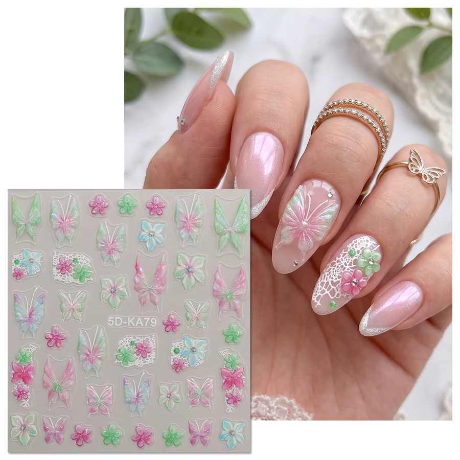 QIANJIKU Nagelaufkleber, Schmetterling und Blumen, Elfenbein, Schimmernd - Bild 2