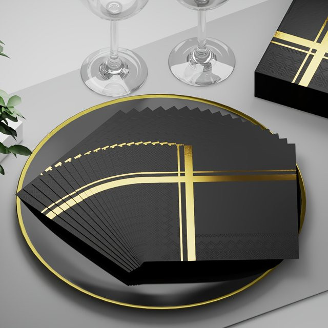 20 Stück Einweg-Partyservietten in Schwarz und Gold, 2-lagige Papierservietten für deine Tischdekoration und Geburtstagsparty, Breite: 16,5 cm - Bild 1