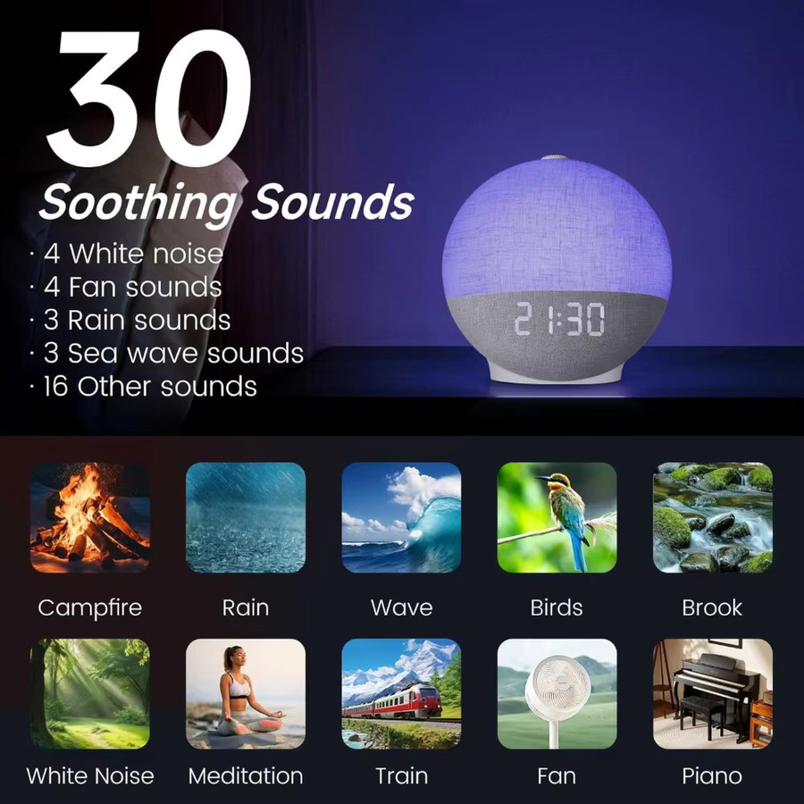 Wake Up Light Sonnenaufgang Wecker mit Bluetooth Lautsprecher, White Noise Sound Maschine und RGB Farbwechsel Nachtlicht in Weiß - Bild 6