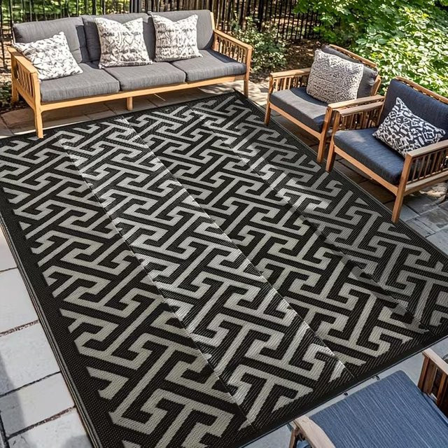 SywSeven Outdoor-Teppich wendbare Campingmatte für Terrasse und Wohnmobil, Schwarz-Beige, B/H: 60 x 40 cm - Bild 1