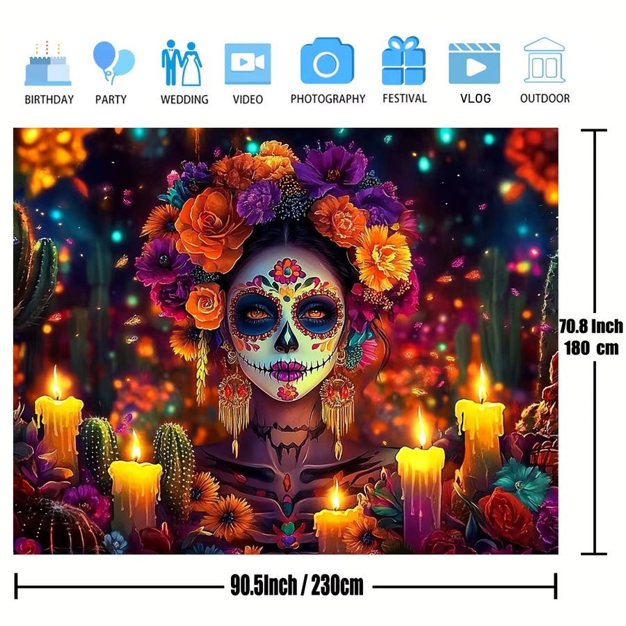 VIKAMA Day of the Dead Banner mit Candy Skulls und floralem Design, Mehrfarbig, B/H: 75 x 75 cm - Bild 3