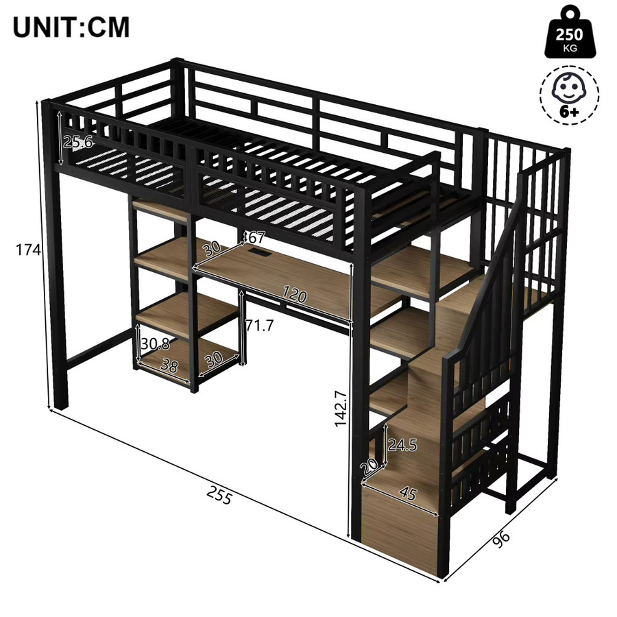 Modernes Hochbett aus Metall in Schwarz mit LED-Lichtleiste, USB-Anschluss und Treppe mit Stauraum, B/T: 90 x 200 cm - Bild 3
