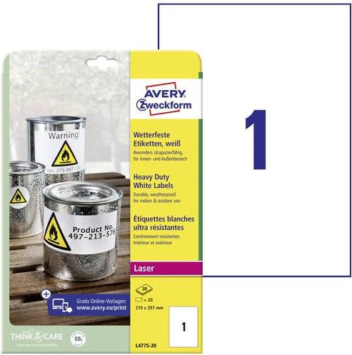 Avery Zweckform L4775-20 Wetterfeste Polyester-Folienetiketten für Laser, Weiß, 20 Stück, A4 - Bild 1
