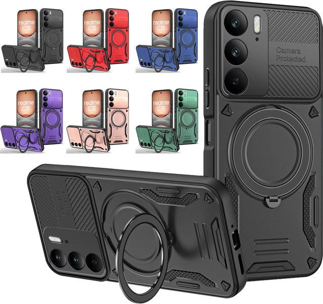Magnetische Schutzhülle mit Ringhalterung und Ständer für OPPO A5 A5X Reno 13 13F 14 14F Pro und Realme 14 15 Pro Plus C75 5G in Schwarz - Bild 1