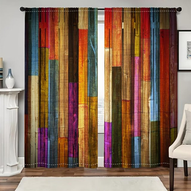 2er-Set Vorhänge mit Vintage Holzbrett-Print, halbtransparent, Polyester, Mehrfarbig, Breite: 75 cm, Höhe: 166 cm - Bild 1