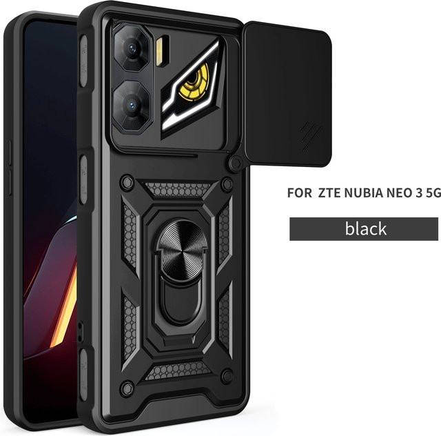 ZTE nubia Neo 3 Panzer-Handyhülle mit magnetischem Ringhalter und Schiebe-Kameraschutz in Schwarz oder Gold - Bild 1