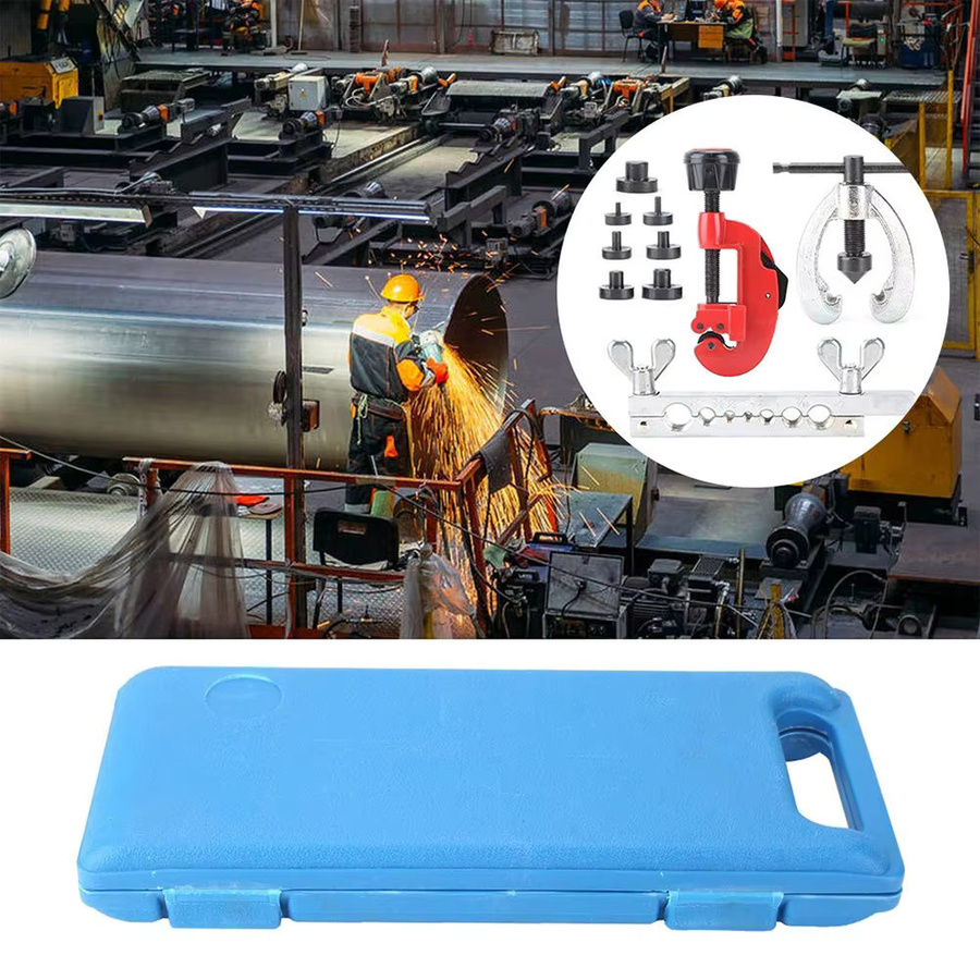 Podofo Doppelbremsleitungs-Bördelwerkzeug-Set in Blau mit 6 Rohradaptern und Rohrschneider für professionelle Rohrbördelung - Bild 3
