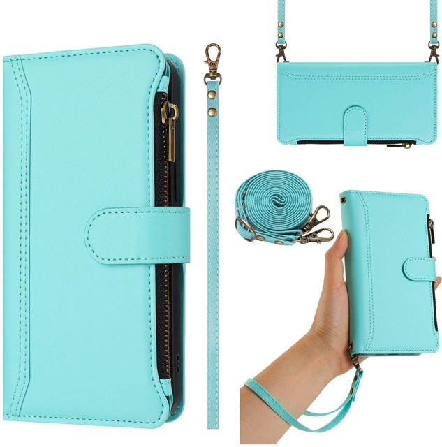 Leder-Brieftasche als Klapphülle für Google Pixel Modelle mit Kartenfächern, Reißverschlusstasche, Crossbody-Riemen und Handgelenkschlaufe in Mintgrün - Bild 1