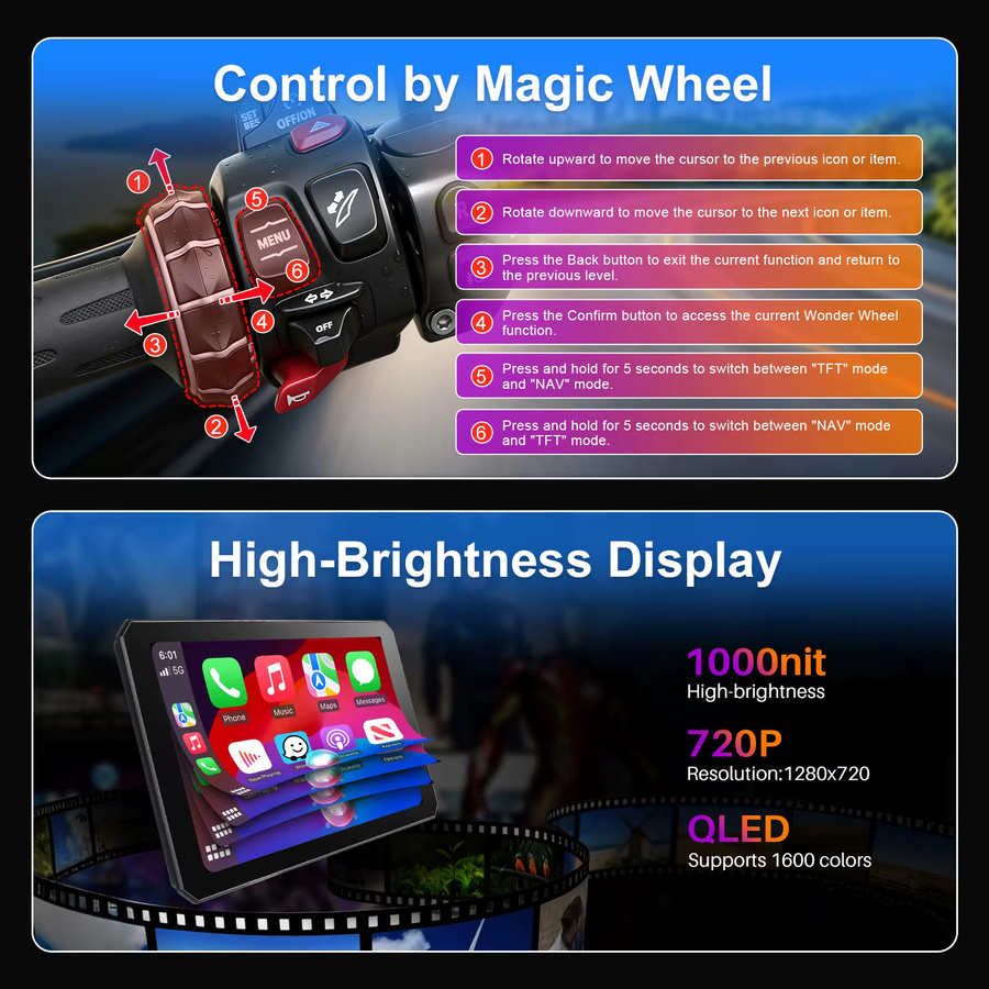 IYING 7 Zoll Motorrad CarPlay Display mit Android Auto und GPS, IP67 wasserdicht, kompatibel mit BMW R1250GS R1300GS R1200GS und Wonder Wheel, Schwarz - Bild 6