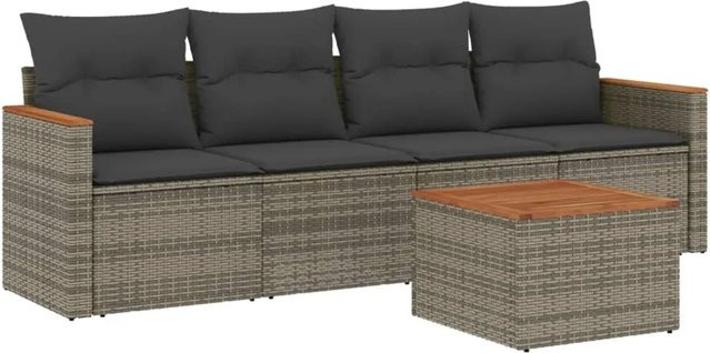 vidaXL 5-teilige Garten-Sofagarnitur aus grauem Poly-Rattan mit Kissen und Tisch - Bild 1