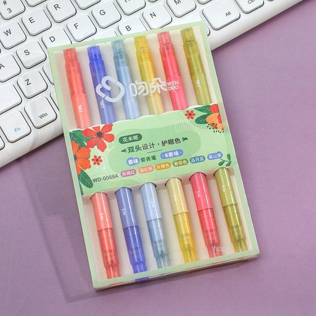 Doppelseitige Textmarker-Stifte im Set mit 6 Farben, fluoreszierende Kunstmarker im Kawaii-Design für Schule und Büro - Bild 1