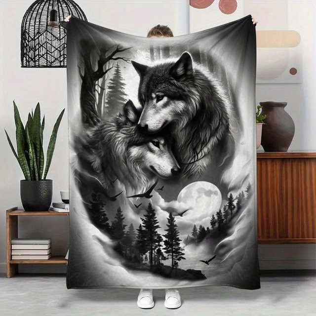 Ultra-weiche Fleece-Decke mit Wolfsmuster und Kiefernbaum in Schwarz-Grau, B/B: 100 x 150 cm - Bild 1