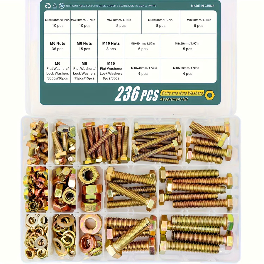 Zimir 236-teiliges Schrauben- und Muttern-Sortiment aus legiertem Stahl Güteklasse 8.8 mit Sechskantschrauben, Muttern und Unterlegscheiben in Gold - Bild 4