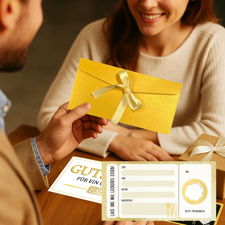 3-teiliges Gutschein-Kartenset für ein gemeinsames Essen in goldenem Design aus Papier - Bild 2