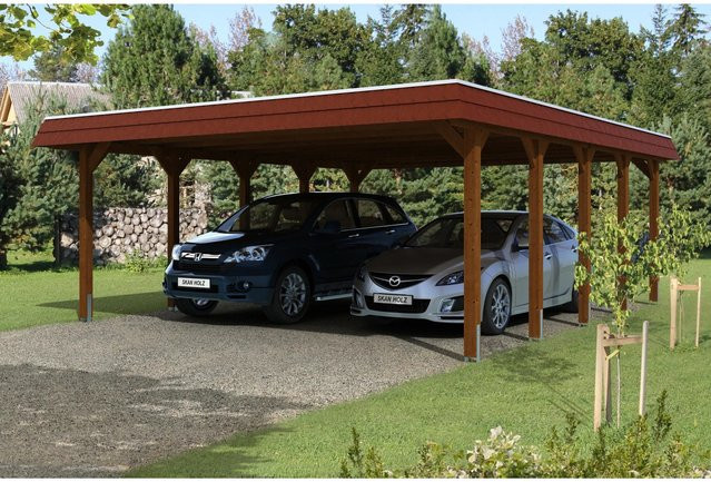 Skan Holz Carport Spreewald aus Nadelholz mit roter Blende in Nussbaum, B/T: 585 x 741 cm - Bild 1