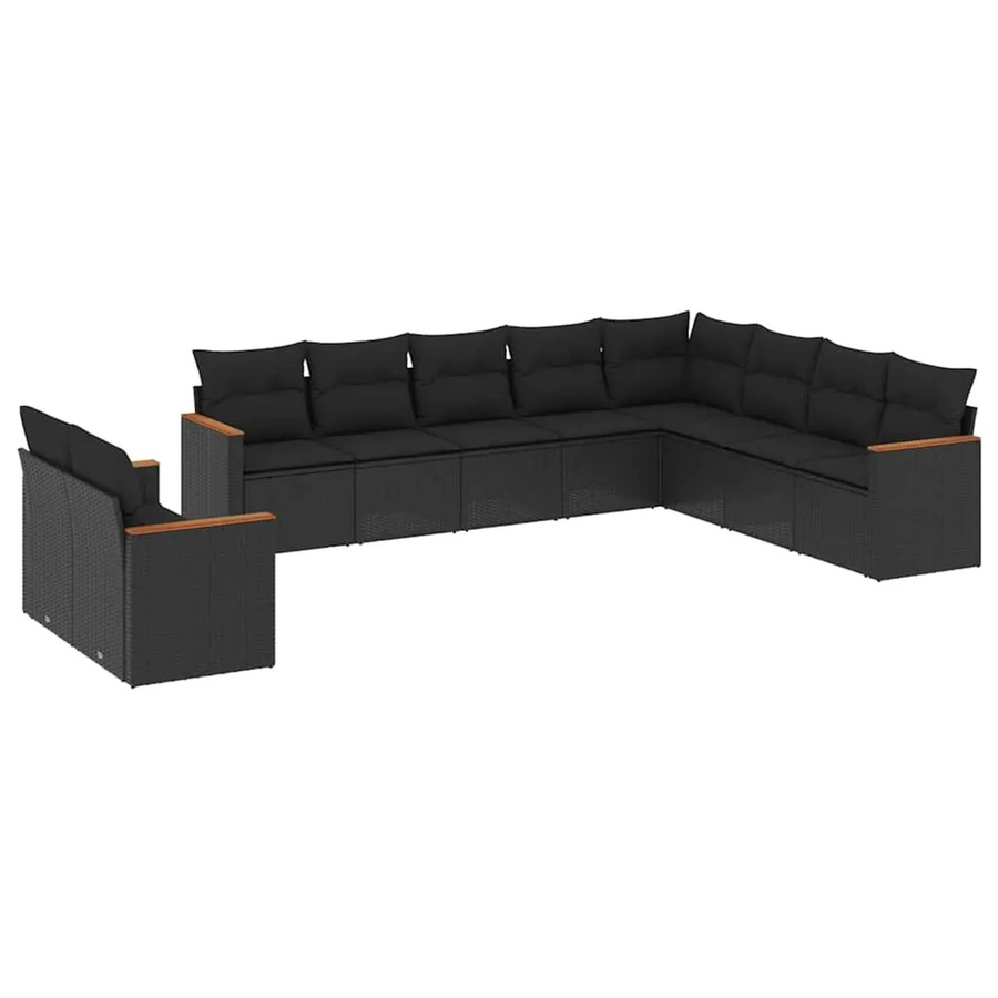 vidaXL 10-tlg. Garten-Sofagarnitur in L-Form aus Poly-Rattan und Akazienholz mit Kissen, Schwarz - Bild 2