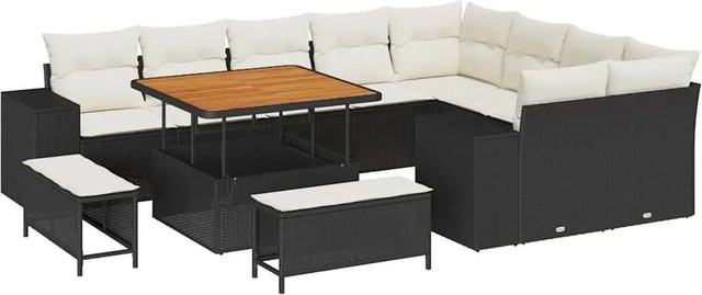 vidaXL Garten-Sofa-Set 12-tlg. aus Polyrattan in Schwarz und Beige mit Polsterung und Kissen für Terrasse und Garten - Bild 1