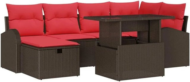 vidaXL Garten-Sofa-Set aus Polyrattan in Braun mit 7-teiliger Polsterung, Ecksofa, Ottoman und Couchtisch inklusive Kissen und Stauraum - Bild 1
