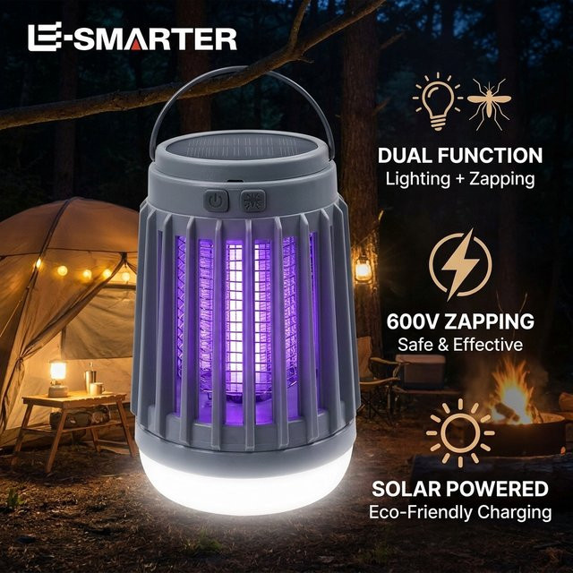 ESMARTER Elektrischer Solar-Mückenkiller und tragbare Fliegenfalle in Grau für Outdoor-Camping und Heimbeleuchtung - Bild 1