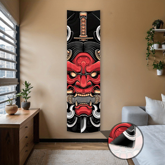VIKAMA Japanischer Wandteppich mit Hannya-Maske und Katana-Design in Rot und Schwarz - Bild 1