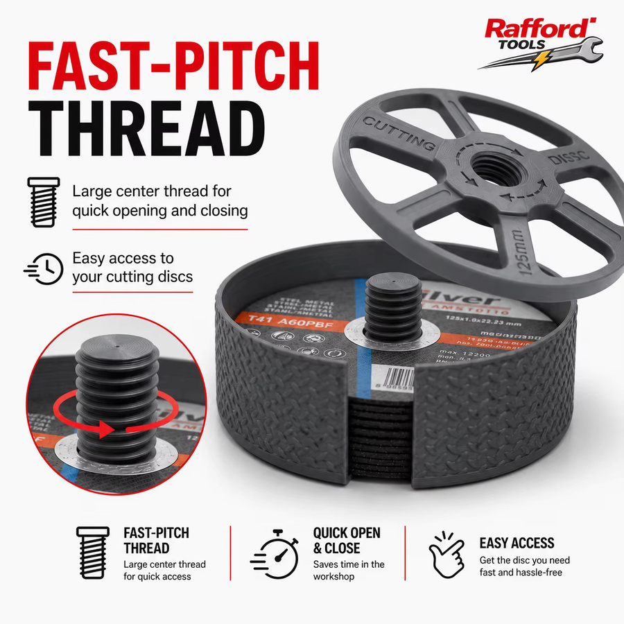 Rafford Aufbewahrungsbox für 125mm Trennscheiben, Stapelbarer Scheibenhalter Organizer für 5 Zoll Winkelschleifer, Schwarz - Bild 2