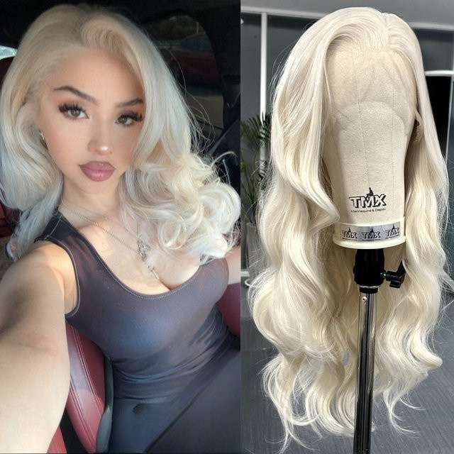 XiuQingCheng Perücke, platinblond, lange gewellte Synthetik-Lace-Front, Damen - Bild 1