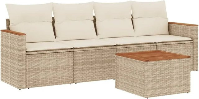vidaXL 5-teilige Garten-Sofagarnitur aus Poly-Rattan mit Kissen in Beige und Cremeweiß - Bild 1