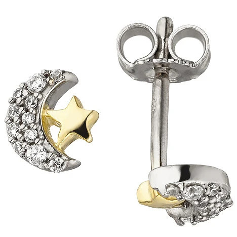 Colkid Kinder Ohrstecker Mond Stern, 925 Silber, Bicolor, Zirkonia - Bild 1