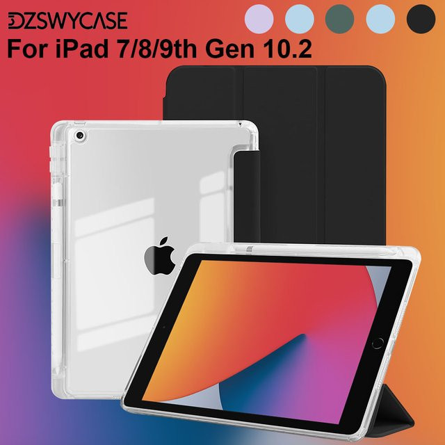 DZSWYCASE Schutzhülle für iPad 10.2 Zoll (9./8./7. Generation) mit dreifach faltbarem Ständer, transparenter Rückseite und Stifthalter in Blau - Bild 1